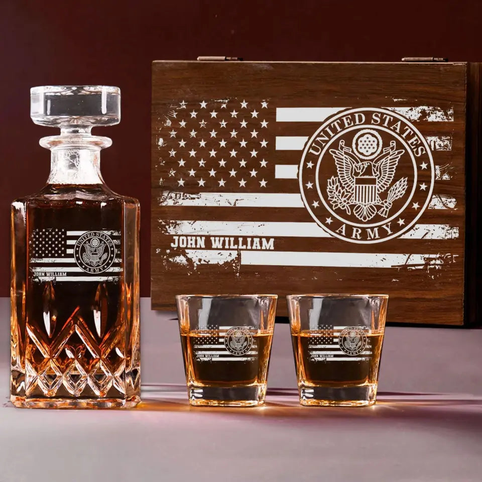 Personalized US Veteran Name with Branch Logo 
Decanter Set With Glasses Printed KVH241183