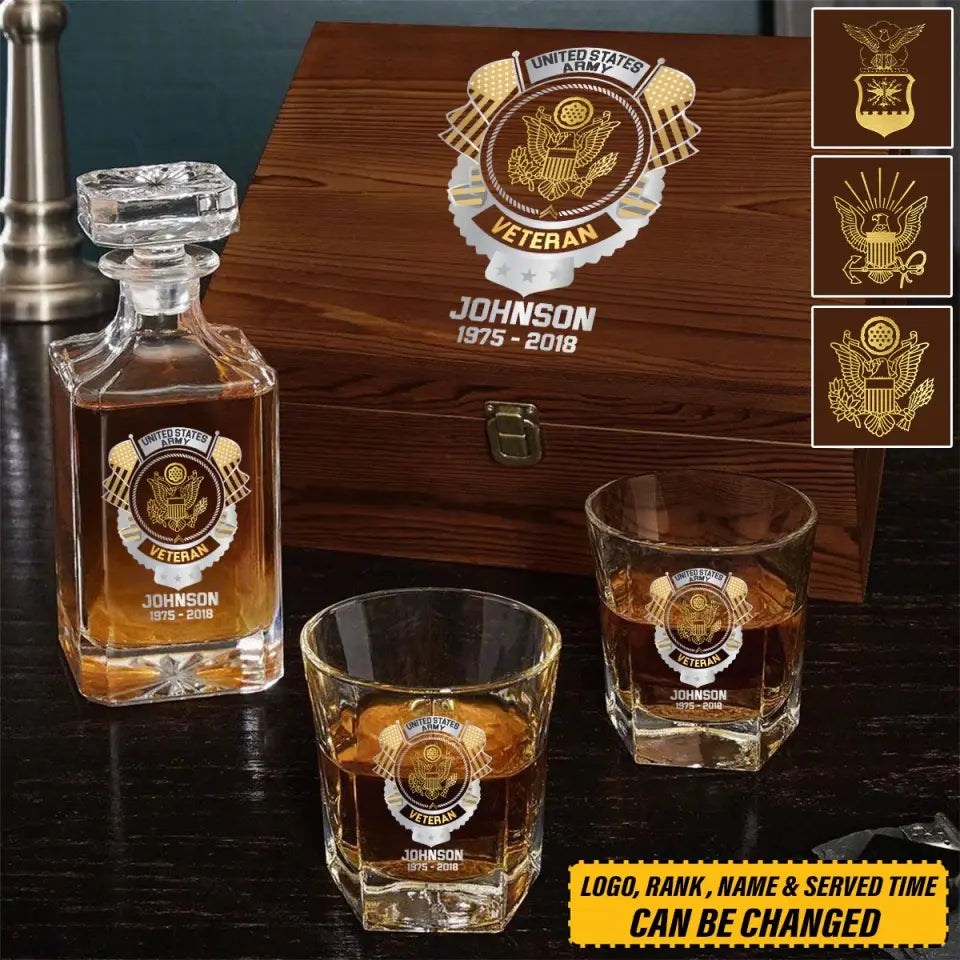 Personalized US Veteran US Branch Logo Custom Name & Time Decanter Set with Glasses Printed AHVQ241192