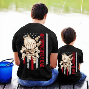 Personalized US Firefighter Dad Hands with Kid Names T-shirt Printed HN241194