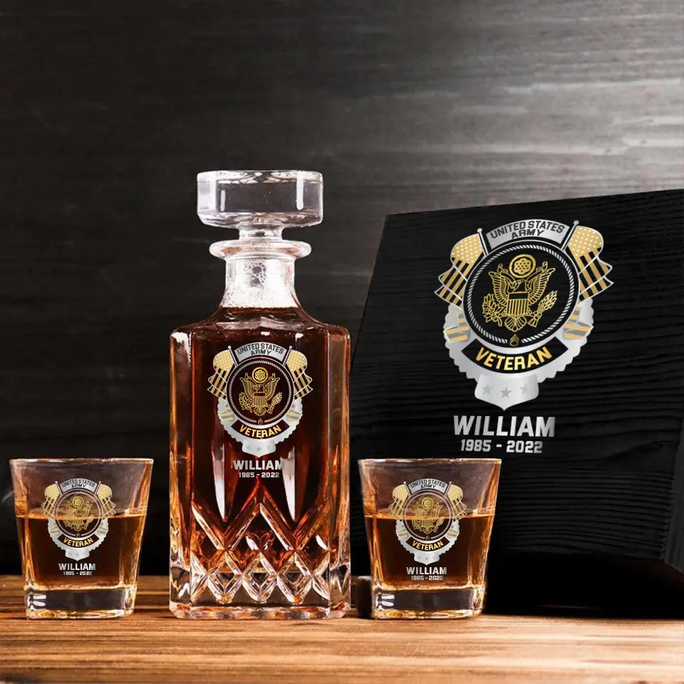 Personalized US Veteran US Branch Logo Custom Name & Time Decanter Set with Glasses Printed AHVQ241192