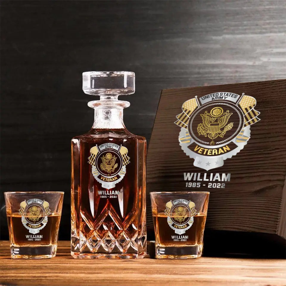 Personalized US Veteran US Branch Logo Custom Name & Time Decanter Set with Glasses Printed AHVQ241192