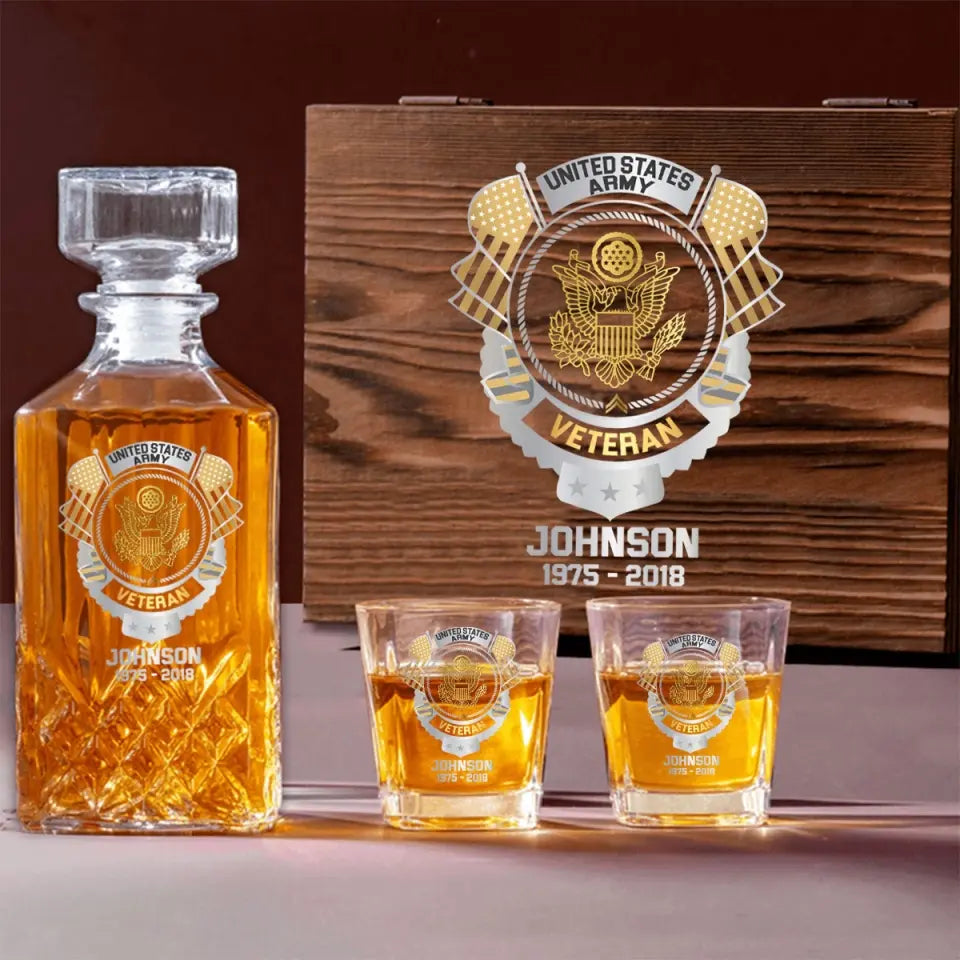 Personalized US Veteran US Branch Logo Custom Name & Time Decanter Set with Glasses Printed AHVQ241192