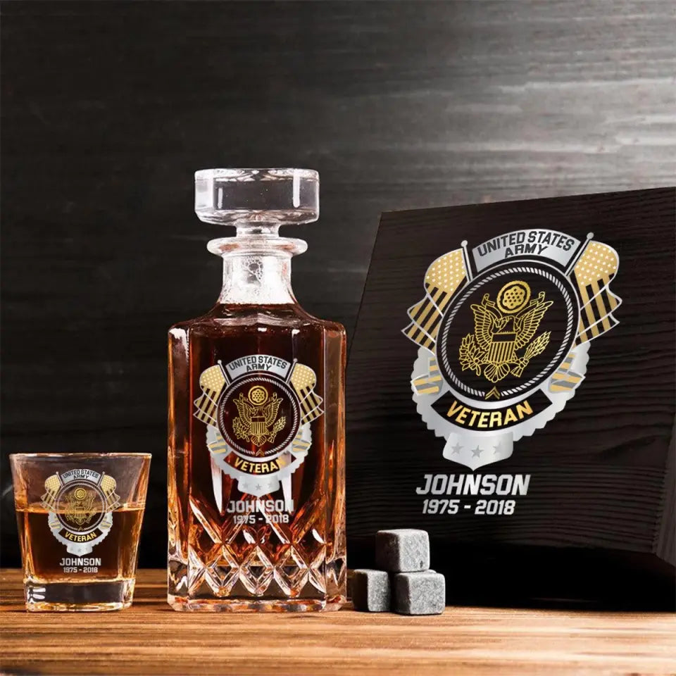 Personalized US Veteran US Branch Logo Custom Name & Time Decanter Set with Glasses Printed AHVQ241192