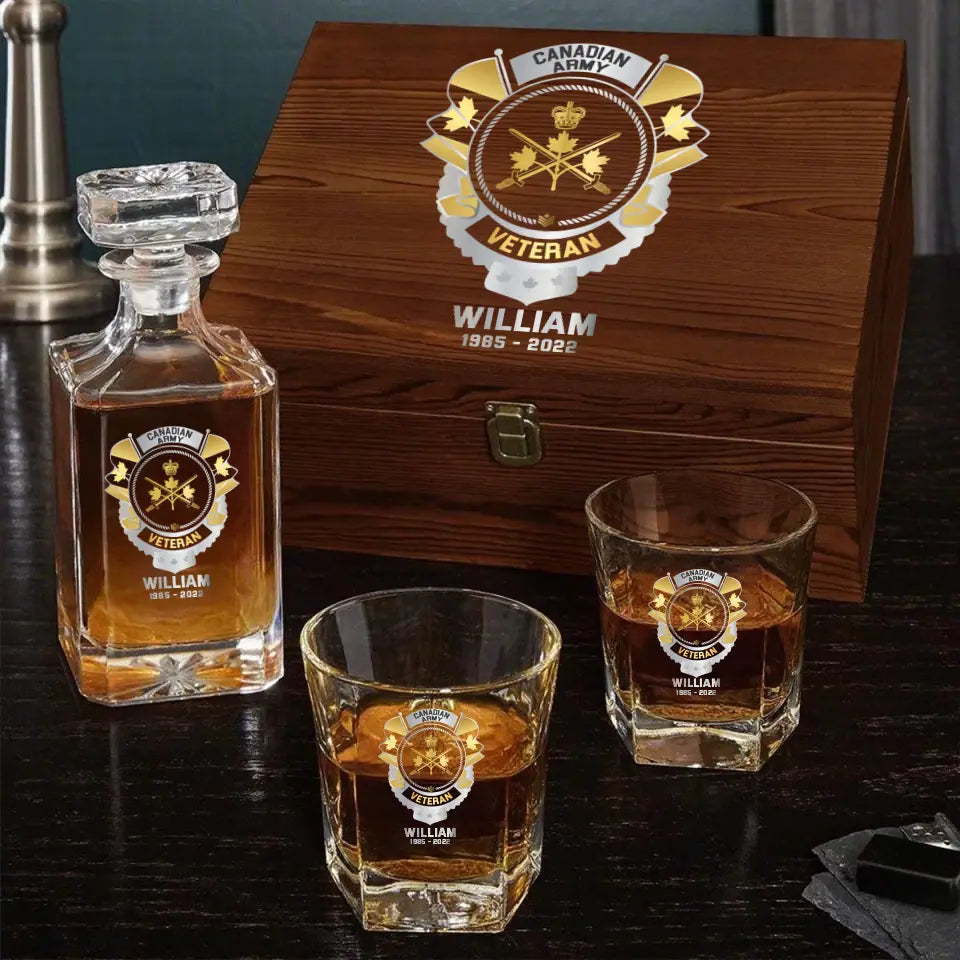 Personalized Canadian Veteran Branch Logo Custom Name & Time Decanter Set with Glasses Printed AHVQ241192