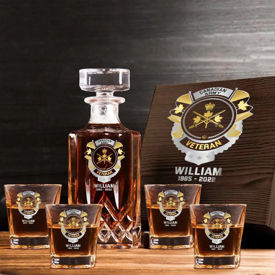 Personalized Canadian Veteran Branch Logo Custom Name & Time Decanter Set with Glasses Printed AHVQ241192