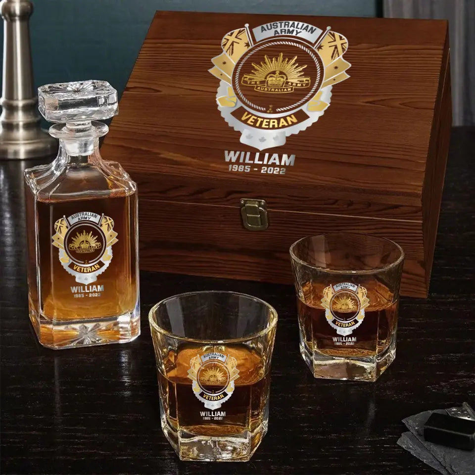 Personalized Australian Veteran Branch Logo Custom Name & Time Decanter Set with Glasses Printed AHVQ241192
