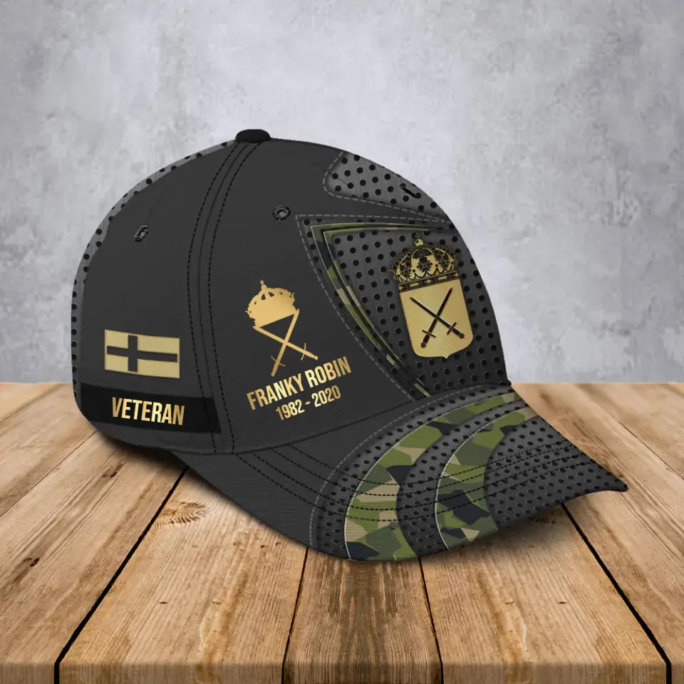 Personalized Swedish Veteran Rank Gold Custom Name & Time Cap 3D Printed AHVA241205
