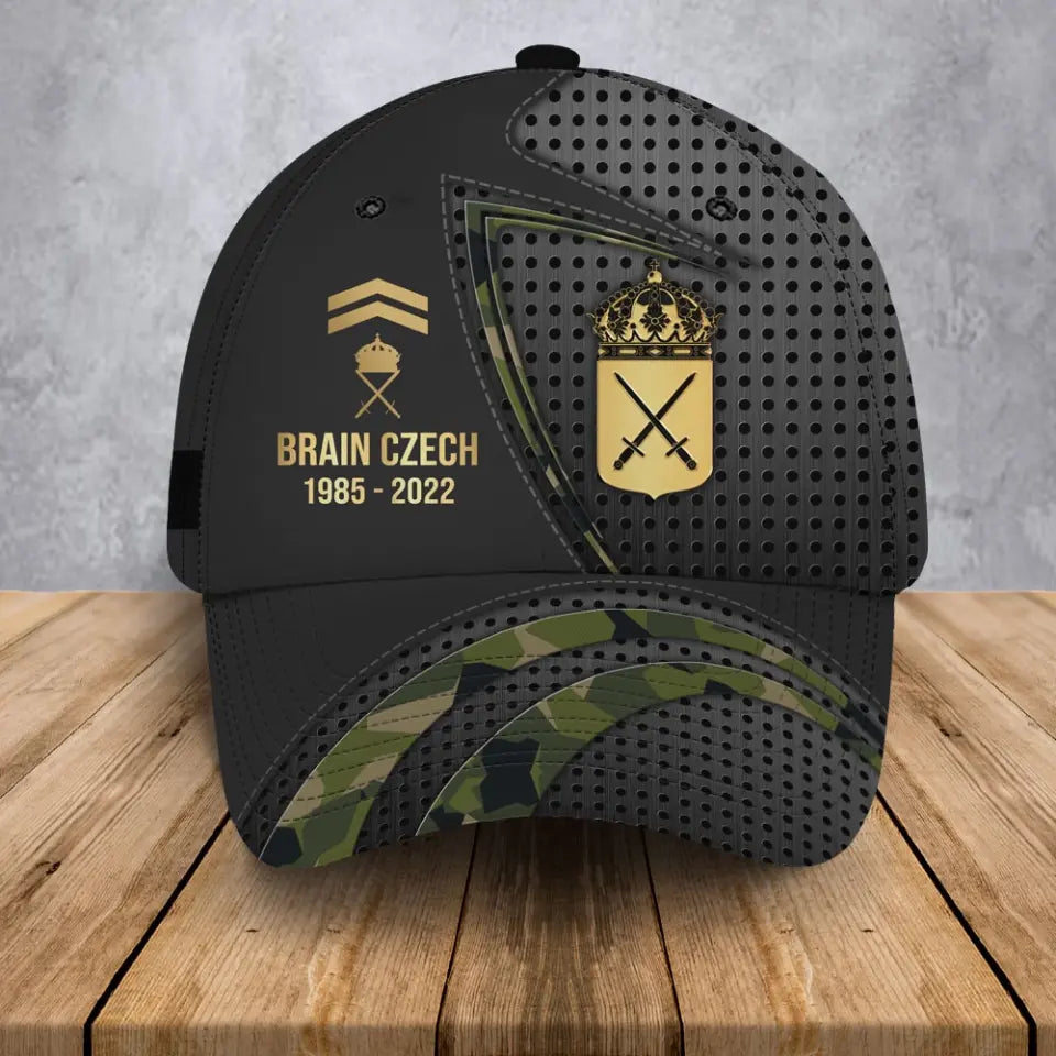 Personalized Swedish Veteran Rank Gold Custom Name & Time Cap 3D Printed AHVA241205