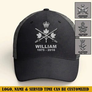 Personalized Canadian Veteran Branch Logo Custom Name & Time Cap 3D Printed VQ241216
