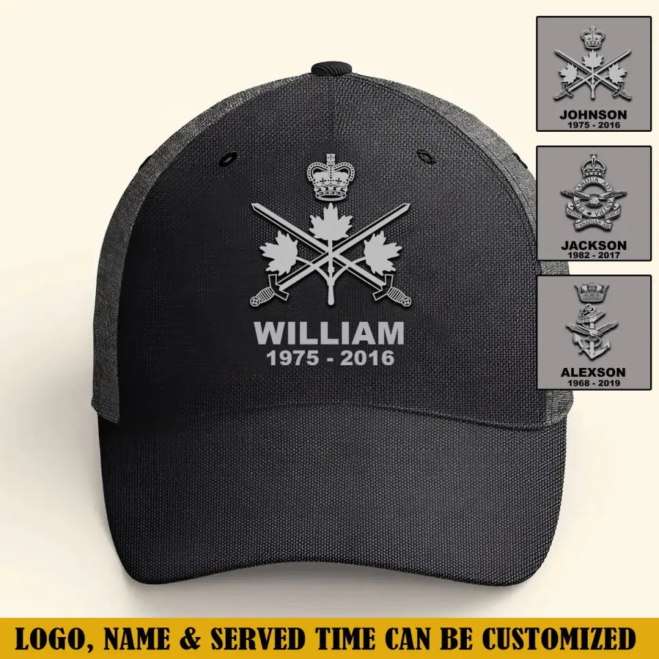 Personalized Canadian Veteran Branch Logo Custom Name & Time Cap 3D Printed VQ241216