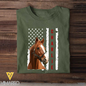 Personalized Upload Your Horse Photo US Flag Horse Lovers Gift T-shirt Printed VQ241238