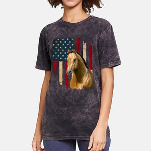 Personalized Upload Your Horse Photo US Flag Mineral Wash T-shirt Printed VQ241253