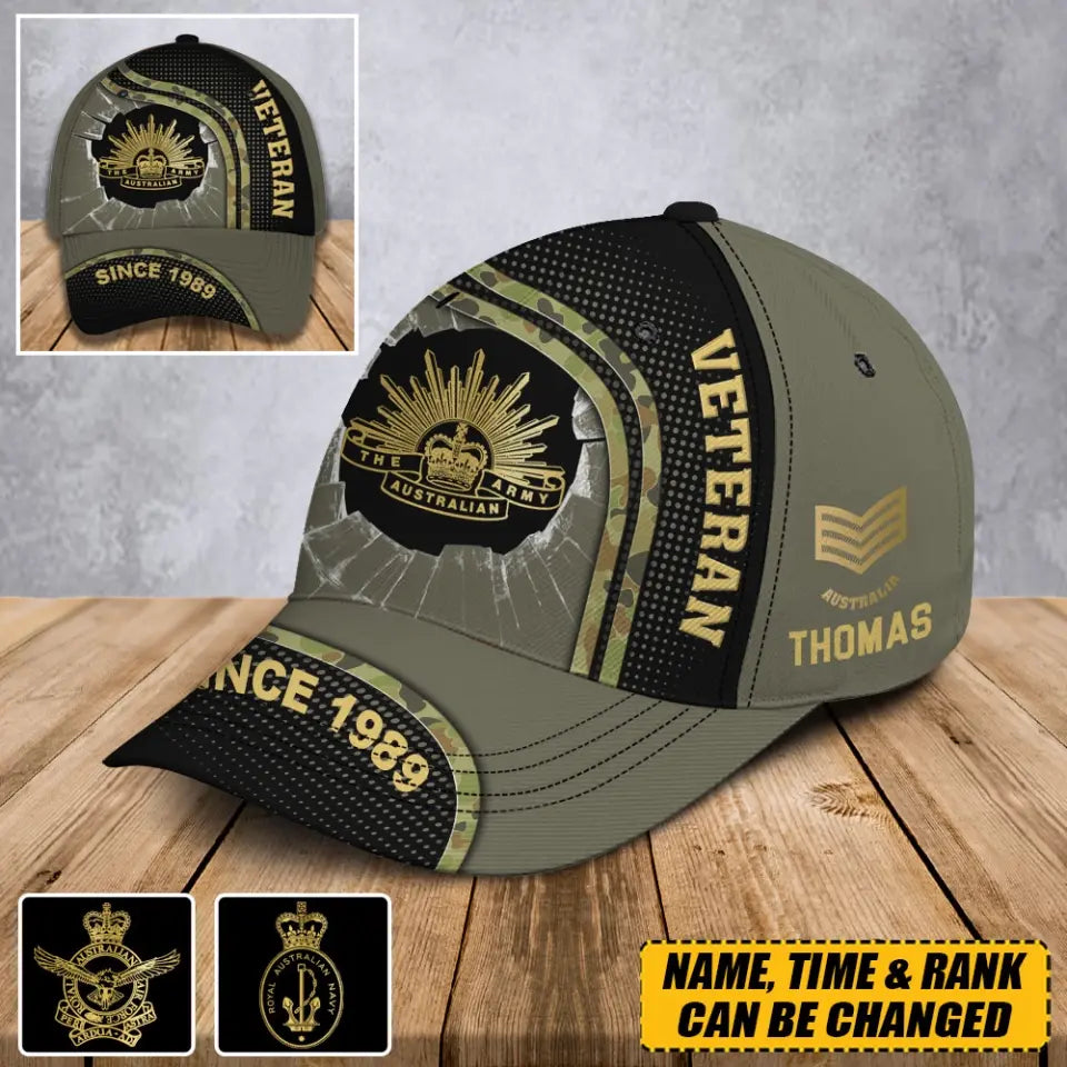 Personalized Australian Veteran Logo Custom Rank Gold & Name Cap 3D Printed AHVA241252