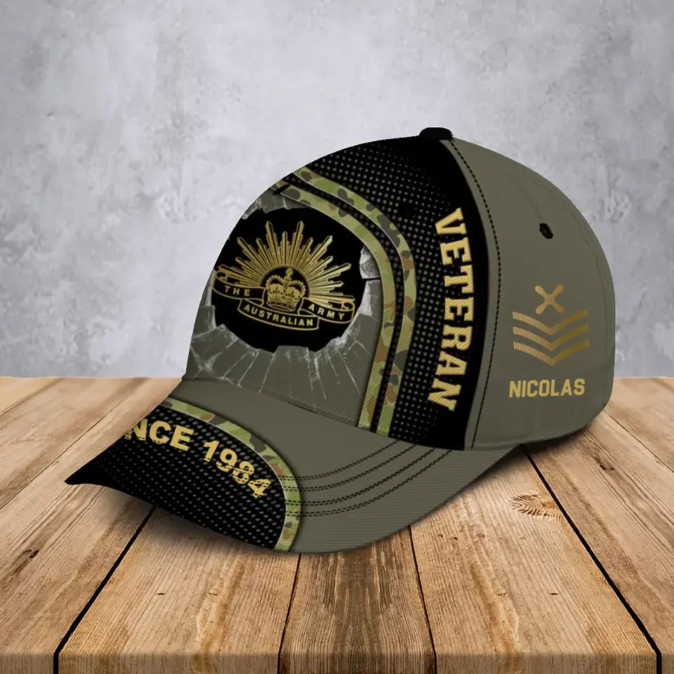Personalized Australian Veteran Logo Custom Rank Gold & Name Cap 3D Printed AHVA241252