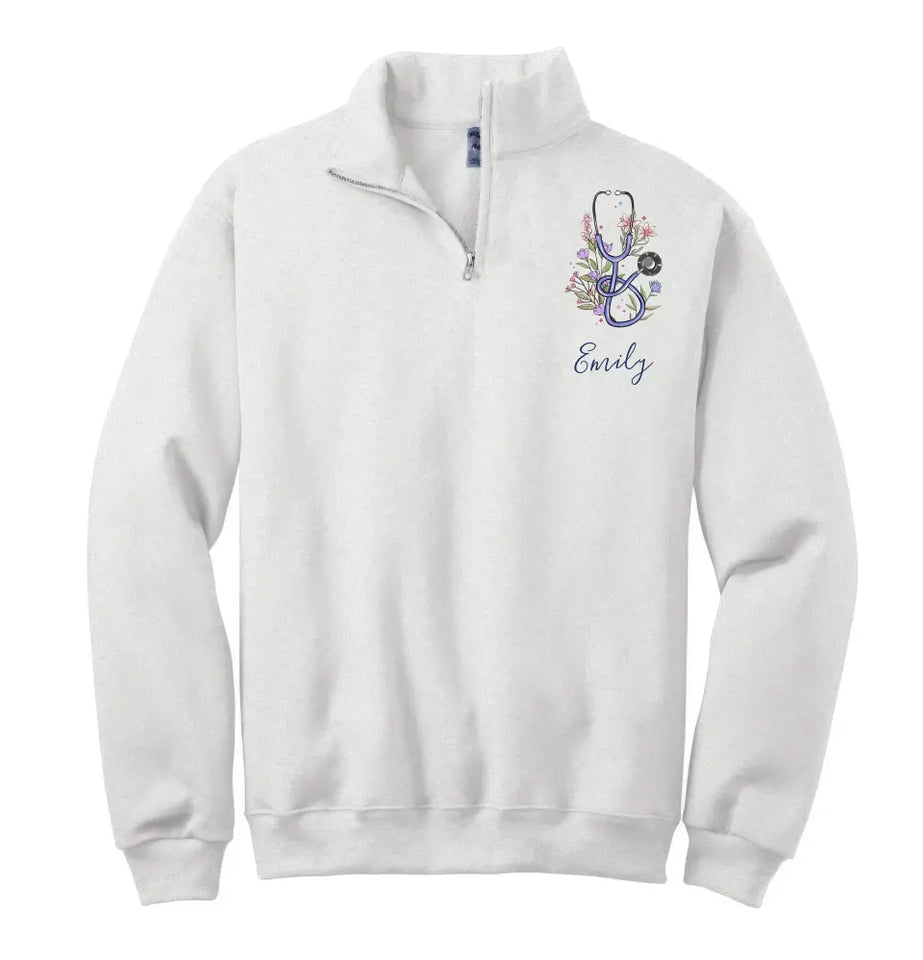 Personalized Floral Stethoscope Nurse Name Gift For Nurse Stand Collar Zipper Sweatshirt 2D Printed LVA241268
