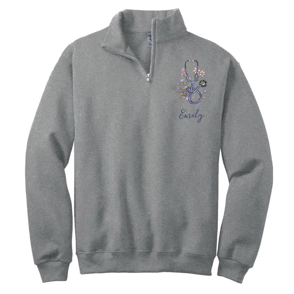 Personalized Floral Stethoscope Nurse Name Gift For Nurse Stand Collar Zipper Sweatshirt 2D Printed LVA241268