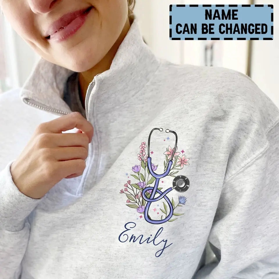 Personalized Floral Stethoscope Nurse Name Gift For Nurse Stand Collar Zipper Sweatshirt 2D Printed LVA241268