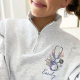 Personalized Floral Stethoscope Nurse Name Gift For Nurse Stand Collar Zipper Sweatshirt 2D Printed LVA241268