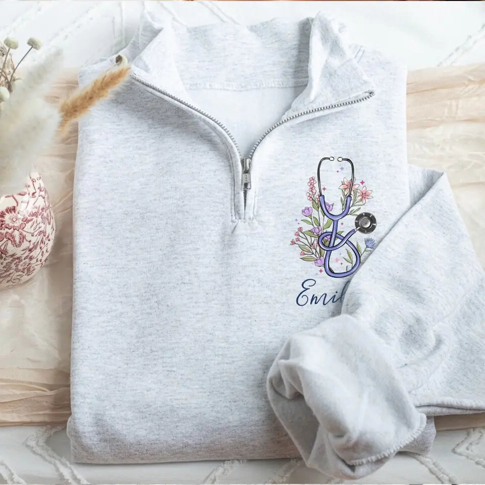 Personalized Floral Stethoscope Nurse Name Gift For Nurse Stand Collar Zipper Sweatshirt 2D Printed LVA241268