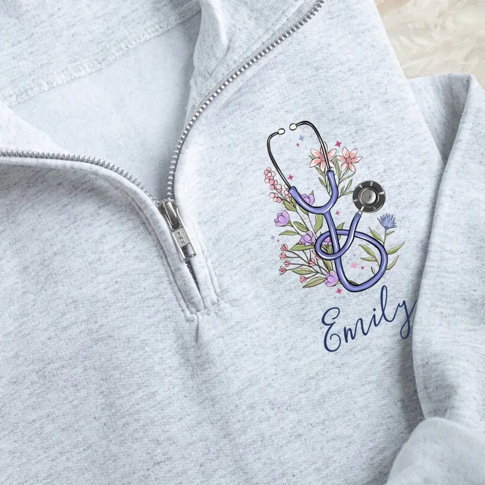 Personalized Floral Stethoscope Nurse Name Gift For Nurse Stand Collar Zipper Sweatshirt 2D Printed LVA241268