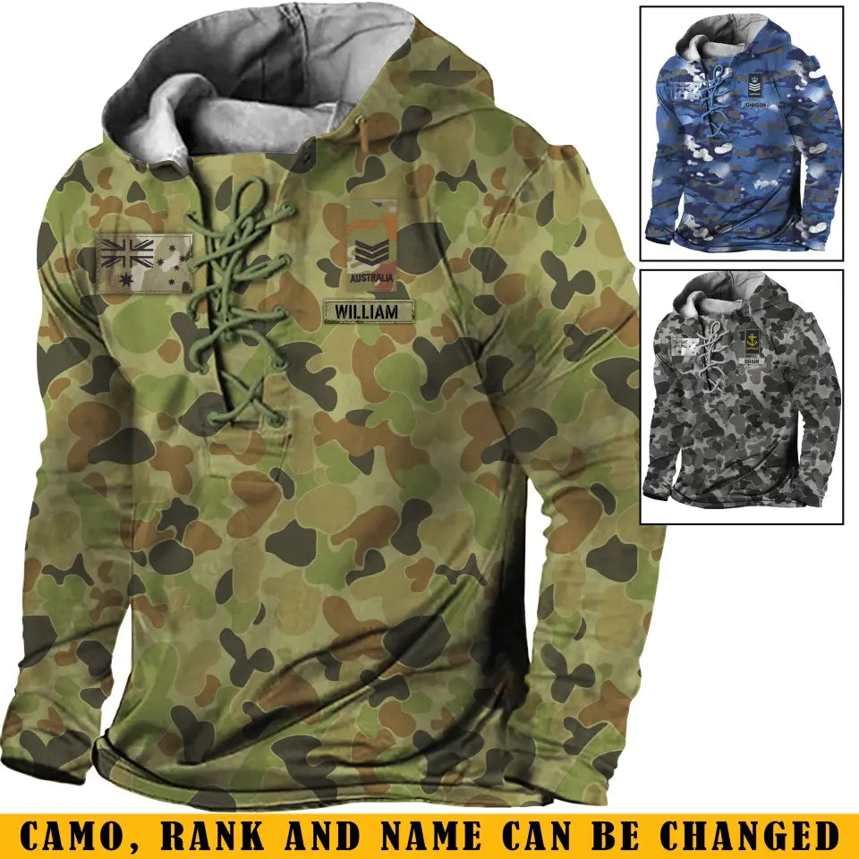 Personalized Australian Veteran Rank Camo Custom Name Long Sleeves Hoodie 3D Printed LVA241318