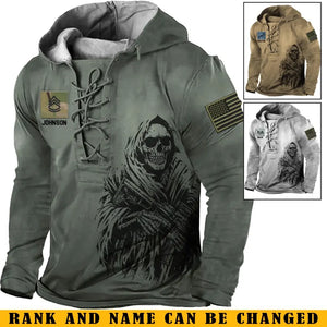 Personalized US Veteran Rank Camo Custom Name Lace-up Long Sleeves Hoodie 3D Printed LVA241325
