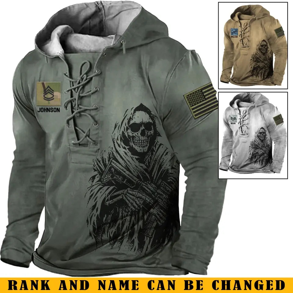Personalized US Veteran Rank Camo Custom Name Lace-up Long Sleeves Hoodie 3D Printed LVA241325