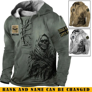 Personalized UK Veteran Rank Camo Custom Name Lace-up Long Sleeves Hoodie 3D Printed LVA241325