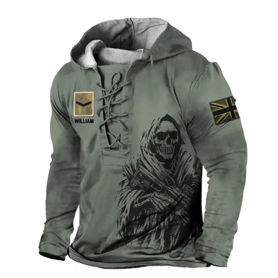Personalized UK Veteran Rank Camo Custom Name Lace-up Long Sleeves Hoodie 3D Printed LVA241325