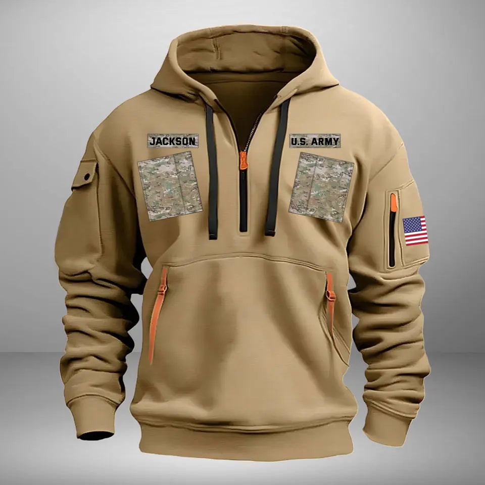 Personalized US Veteran Camo Quarter Zip Hoodie 2D Printed QTKH241345