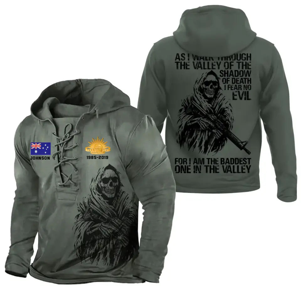 Personalized Australian Veteran Logo As I Walk Through The Valley Of The Shadow Of Death I Fear No Evil For I Am The Baddest one In The Valley Lace-up Long Sleeves Hoodie 3D Printed KVH241335