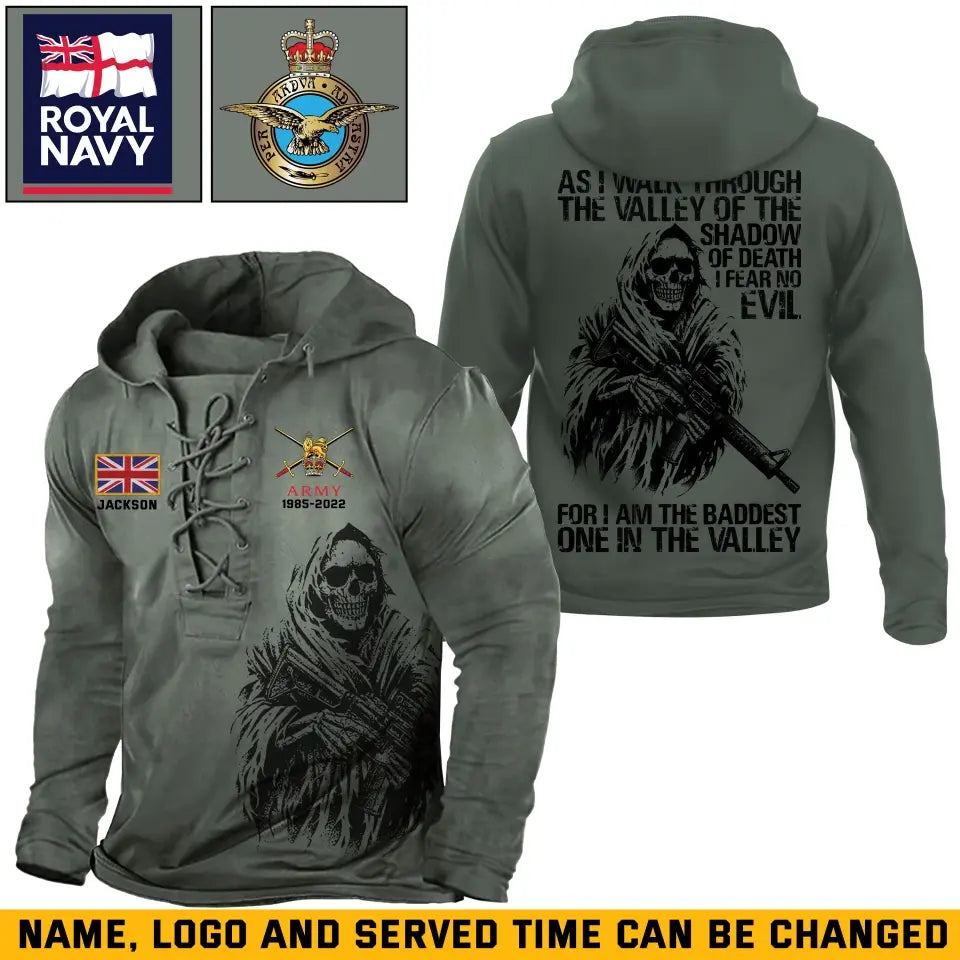 Personalized UK Veteran Logo As I Walk Through The Valley Of The Shadow Of Death I Fear No Evil For I Am The Baddest one In The Valley Lace-up Long Sleeves Hoodie 3D Printed KVH241335