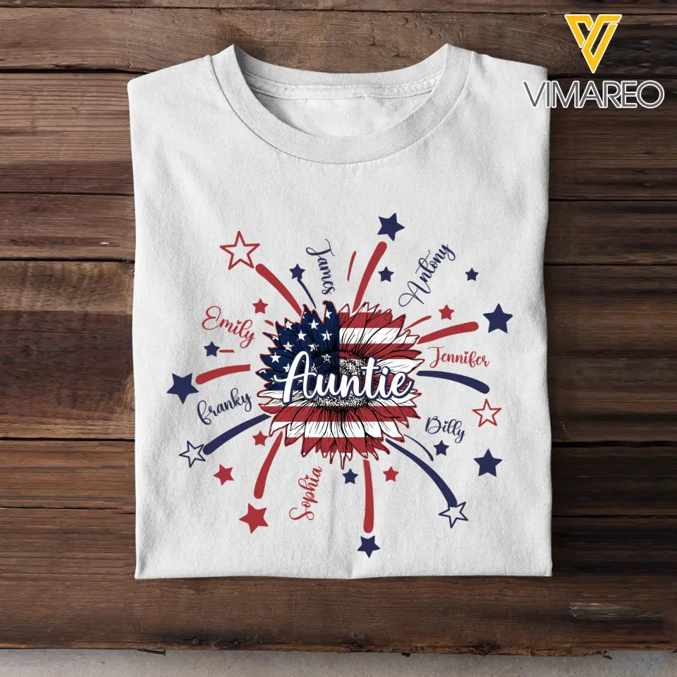 Personalized Auntie Sunflower US Flag & Kid Names Independence Day T-shirt Printed HN241346