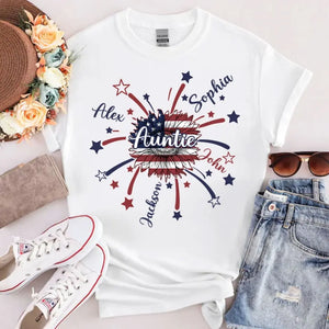 Personalized Auntie Sunflower US Flag & Kid Names Independence Day T-shirt Printed HN241346