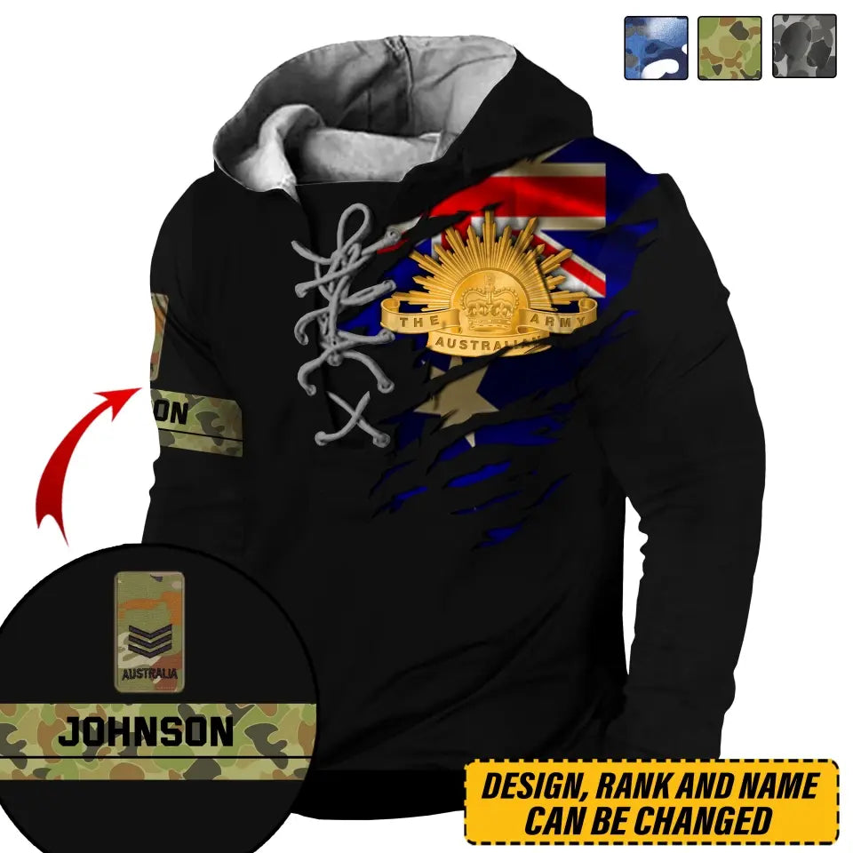 Personalized Australian Veteran Logo Rank Camo Custom Name Lace-up Long Sleeves Hoodie 3D Printed AHVQ241329