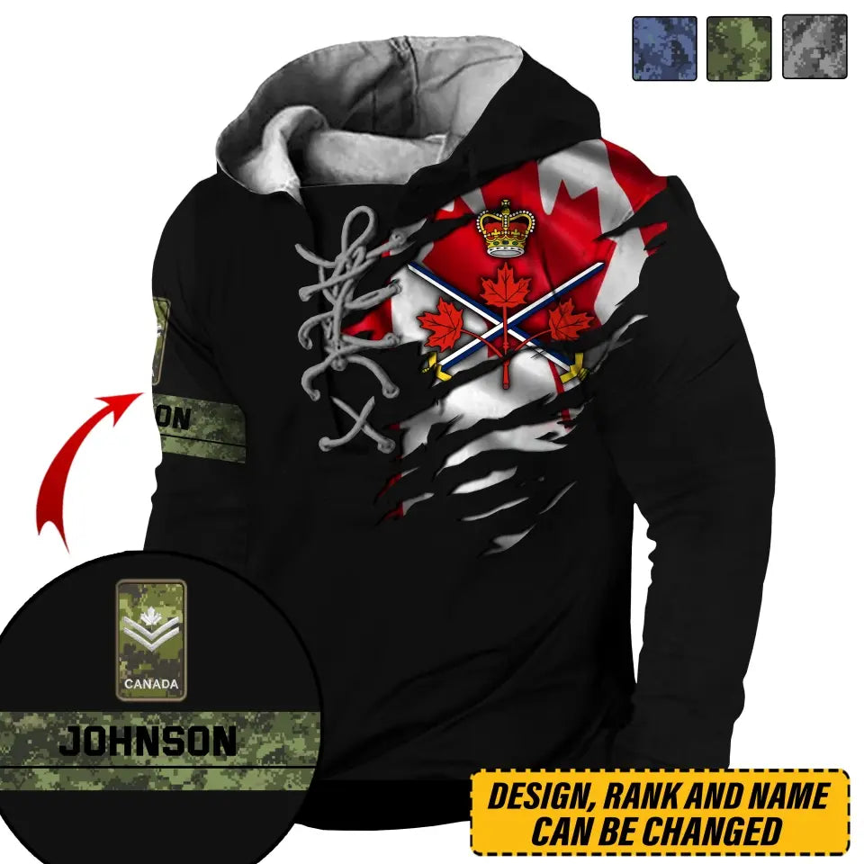 Personalized Canadian Veteran Logo Rank Camo Custom Name Lace-up Long Sleeves Hoodie 3D Printed AHVQ241329