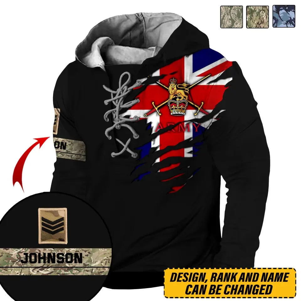 Personalized UK Veteran Logo Rank Camo Custom Name Lace-up Long Sleeves Hoodie 3D Printed AHVQ241329