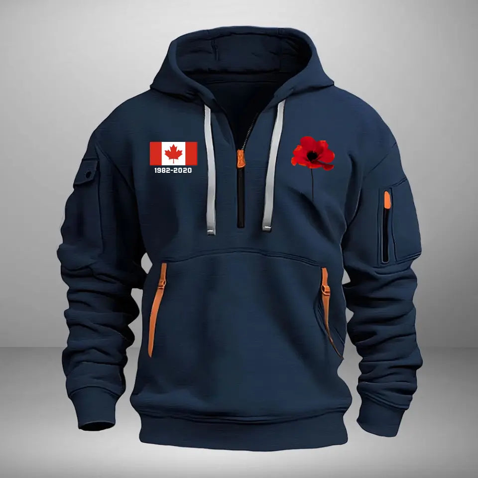 Personalized Canadian Veteran Custom Service Time Red Flower Quarter Zip Hoodie 2D Printed QTHN241363