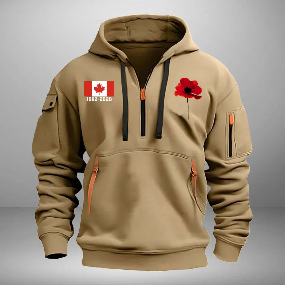 Personalized Canadian Veteran Custom Service Time Red Flower Quarter Zip Hoodie 2D Printed QTHN241363