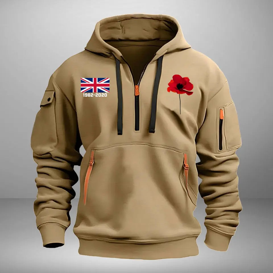 Personalized UK Veteran Custom Service Time Red Flower Quarter Zip Hoodie 2D Printed QTHN241363