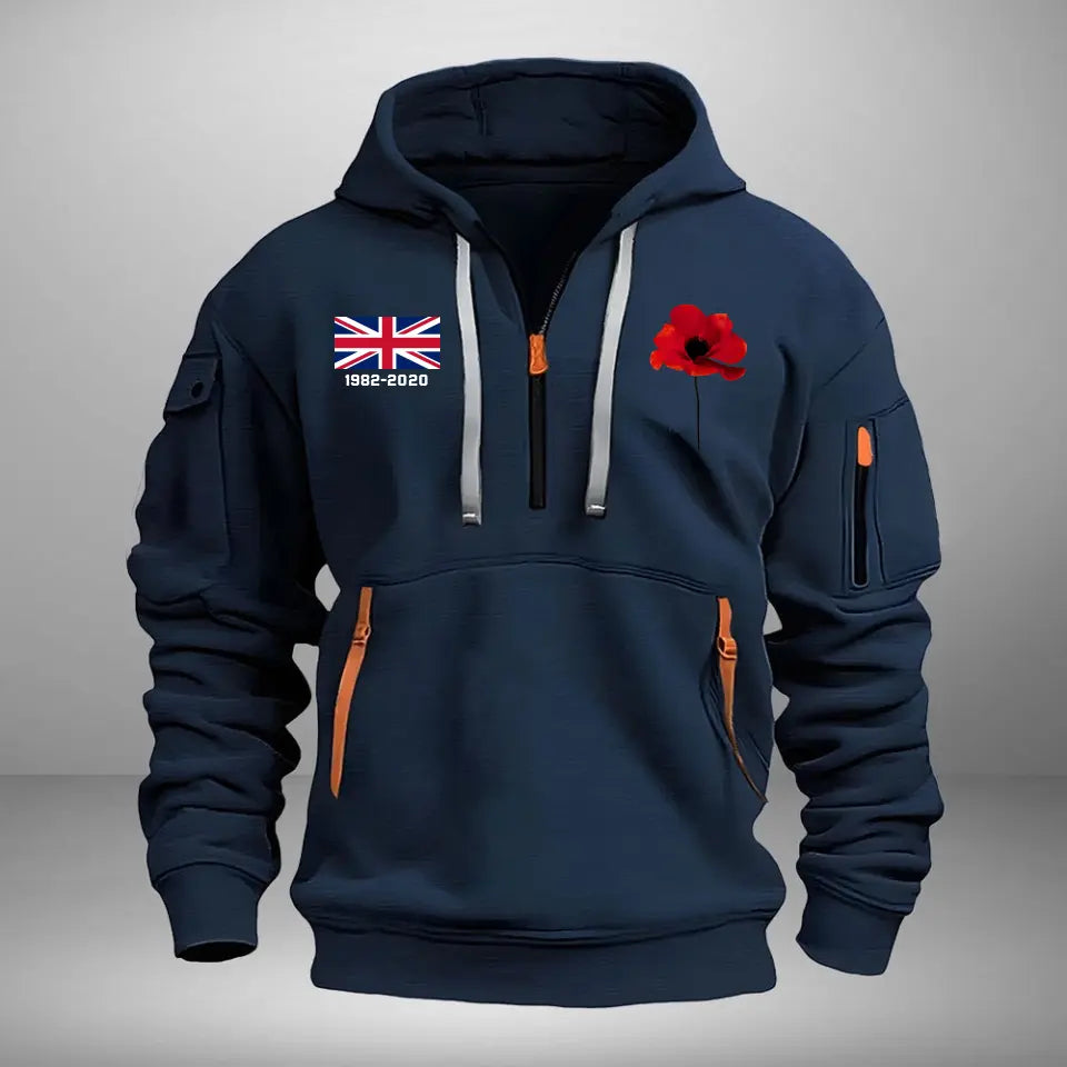 Personalized UK Veteran Custom Service Time Red Flower Quarter Zip Hoodie 2D Printed QTHN241363