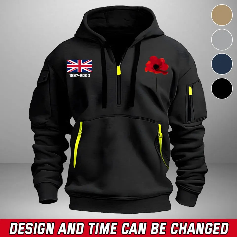 Personalized UK Veteran Custom Service Time Red Flower Quarter Zip Hoodie 2D Printed QTHN241363