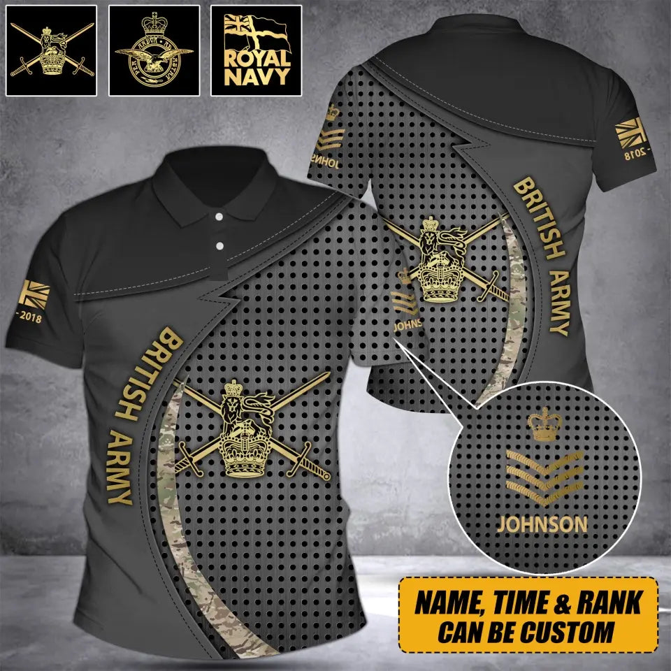 Personalized UK Veteran Branch Logo Rank Camo Custom Name & Time Polo Shirt 3D Printed AHVQ241368