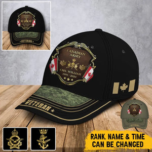 Personalized Canadian Army Logo Rank Gold Custom Name & Time Cap 3D Printed AHVA241374