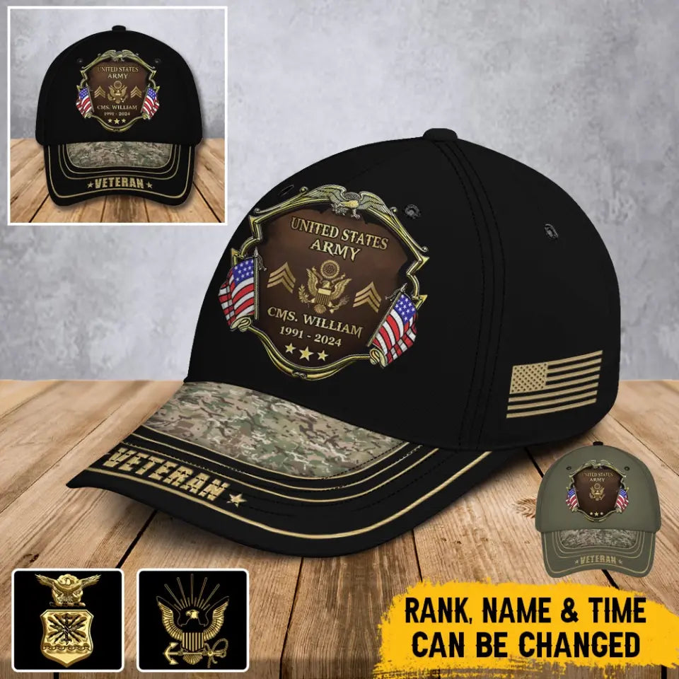 Personalized US Army Logo Rank Gold Custom Name & Time Cap 3D Printed AHVA241374