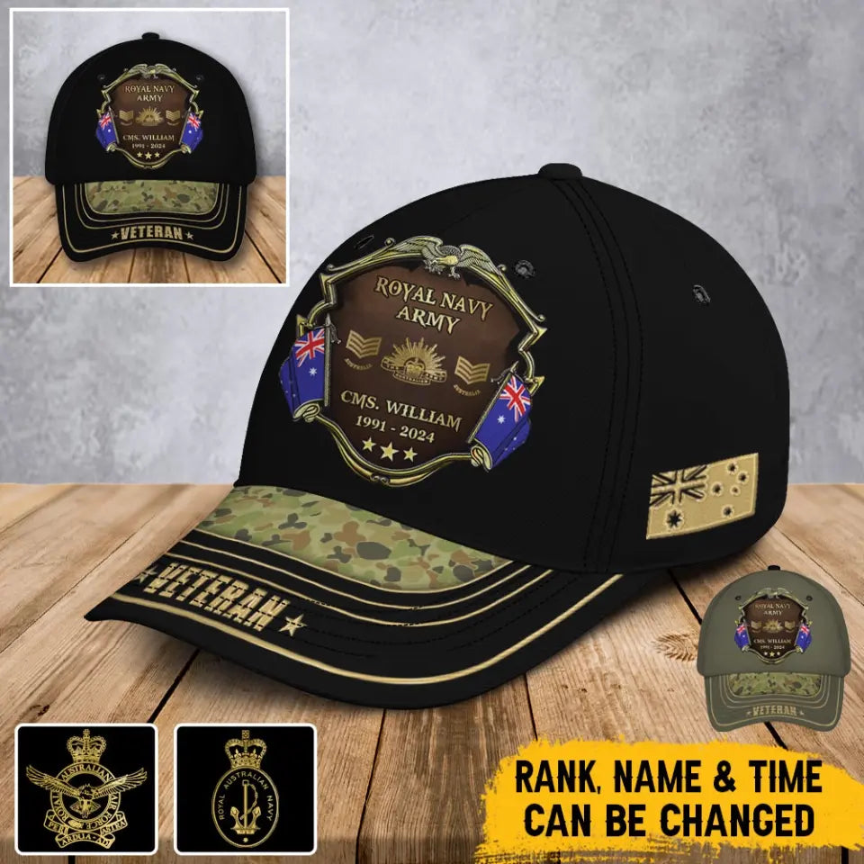 Personalized Australian Army Logo Rank Gold Custom Name & Time Cap 3D Printed AHVA241374