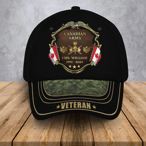 Personalized Canadian Army Logo Rank Gold Custom Name & Time Cap 3D Printed AHVA241374