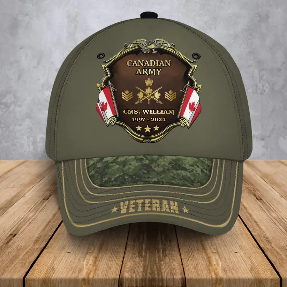 Personalized Canadian Army Logo Rank Gold Custom Name & Time Cap 3D Printed AHVA241374