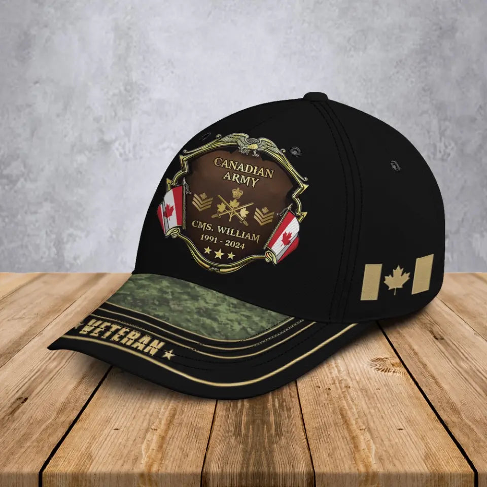Personalized Canadian Army Logo Rank Gold Custom Name & Time Cap 3D Printed AHVA241374