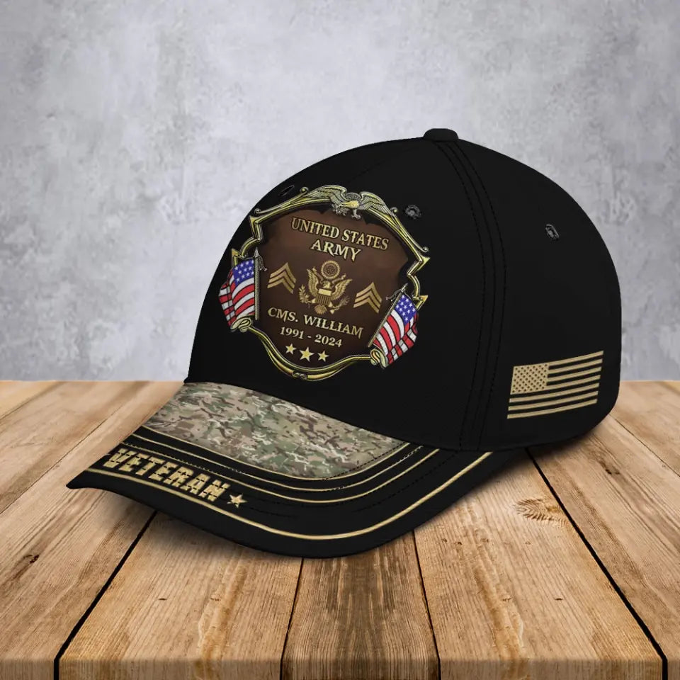 Personalized US Army Logo Rank Gold Custom Name & Time Cap 3D Printed AHVA241374